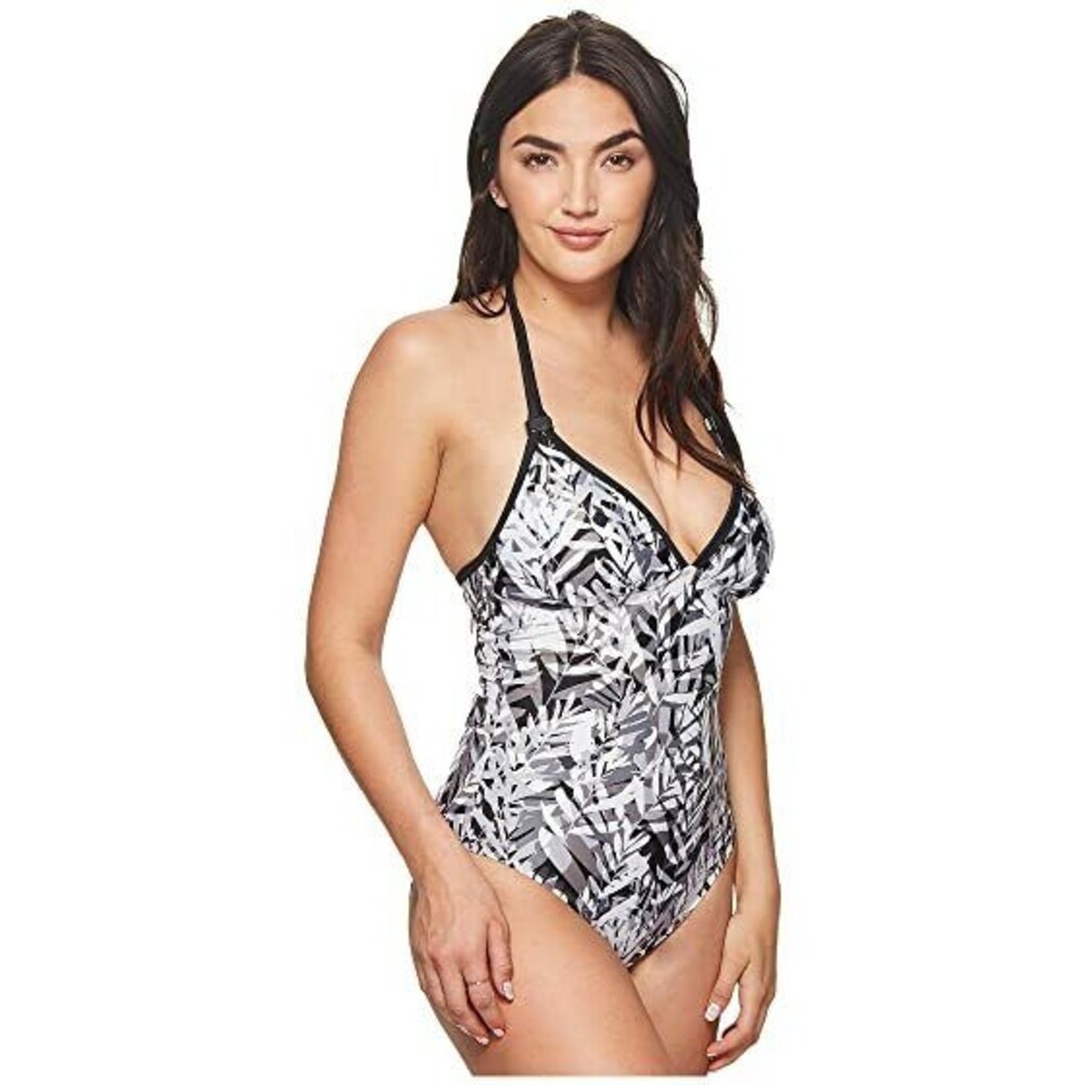 Lole Women's Oahu D Cup V Neck Halter One-Piece Swimsuit  sz S Black Print